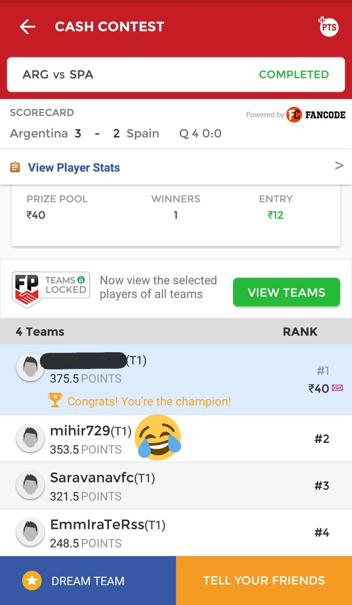 MyDream11Teams's tweet photo. Better Luck next time to Tigers Group @BishnoiTigers29 @mihir729 😝🙏 #FIHProLeague #ARGvSPA #Hockey #Dream11 https://t.co/hAdcVAUhSk