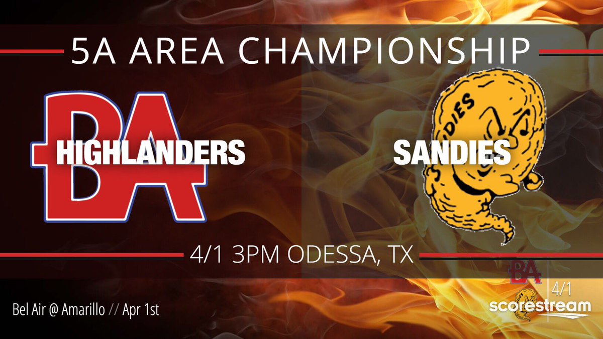 5A Boys ⚽️ 
Area Championship 🏆
Bel Air 🆚 Amarillo 
📍Odessa, TX 
📆 Monday 04.01.19
⏰ 3pm (CST)
@BelAirAthletics <a href="/SoccerSandies/">Amarillo Sandies Soccer</a> 
Game Link: scorestream.com/game/amarillo-…