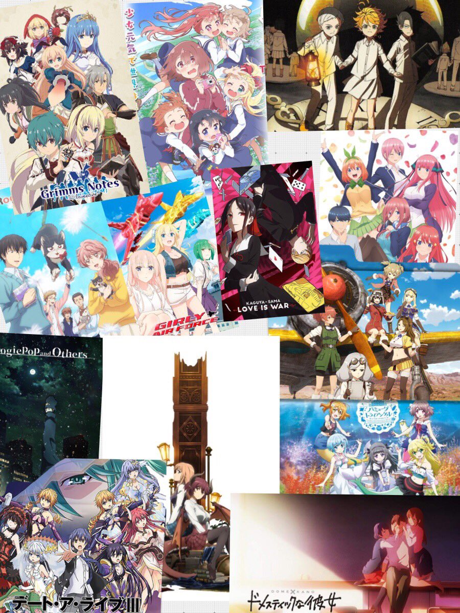 aazurdia95's tweet photo. Winter 2019 ♥️ bye bye 😭
#YakusokunoNeverland
#KaguyasamawaKokurasetaiTensaitachinoRenaiZunousen
#DomesticnaKanojo
#GotoubunnoHanayome
#BoogiepopwaWarawanai
#DateALiveIII
#DoukyoninwaHizaTokidokiAtamanoUe
#GirlyAirForce
#GrimmsNotesTheAnimation
#KouyanoKotobukiHikoutai https://t.co/rMjNkh0bWC