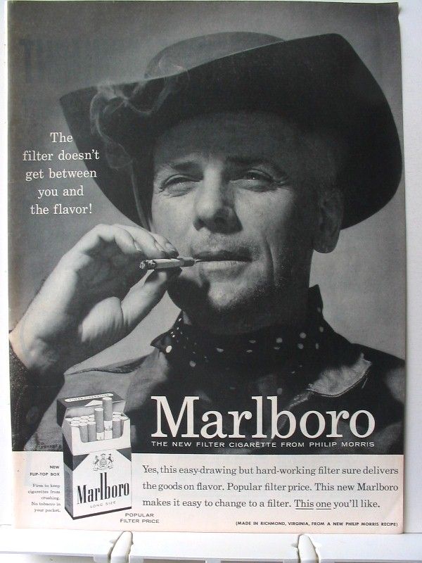 kroneisl's tweet photo. In a case study of fragile masculinity, when Marlboro began selling filtered cigarettes in the 1940s, they were viewed as "too feminine," leading the company to create their rugged Marlboro Man mascot in 1949 in an attempt to man-ify those filters #AprilFact https://t.co/ynKuwUAPHo