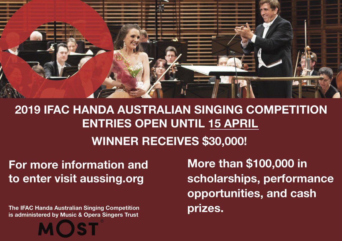AusSingComp's tweet image. 2 weeks left to complete your entry for the 2019 IFAC Handa Australian Singing Competition! For more info and to enter visit aussing.org
Entries close 15 April, late entries close 18 April.