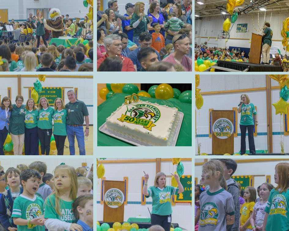 OakViewFCPS's tweet photo. Everyone was rockin' their green and gold at the ceremony. Happy birthday, Oak View! #oakview50 https://t.co/baXkgNsIcR
