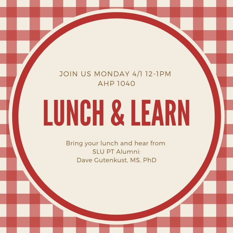 PtsaSlu's tweet photo. Don't forget to pack a lunch and join us for our second Lunch and Learn of the semester tomorrow! Hope to see you there. #PhysicalTherapy #SLUPT #choosePT #DPTstudent https://t.co/PpXxTRaXdr