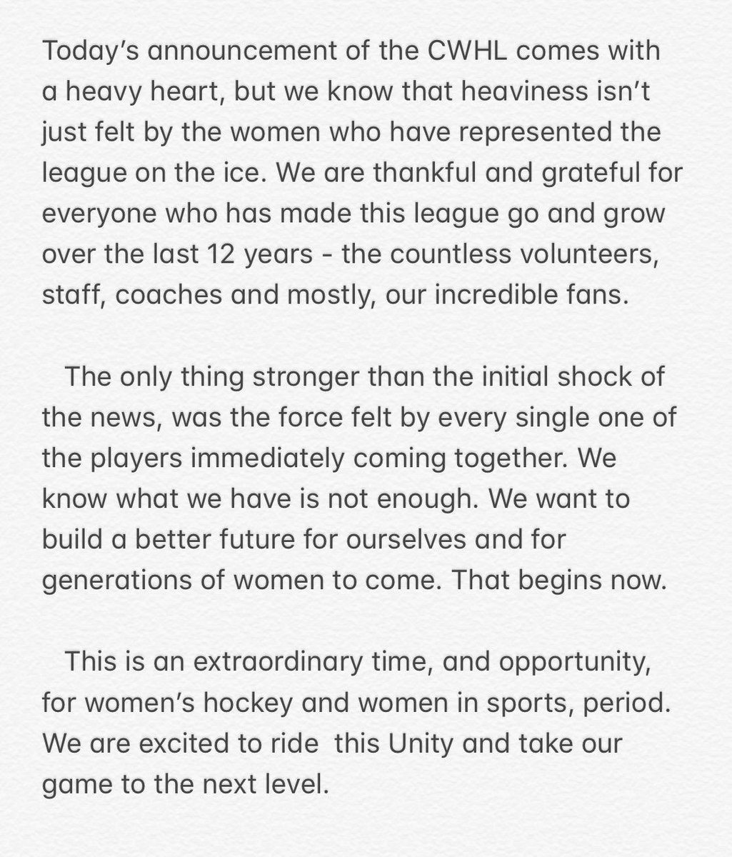 Regarding today’s <a href="/TheCWHL/">CWHL</a> announcement ...