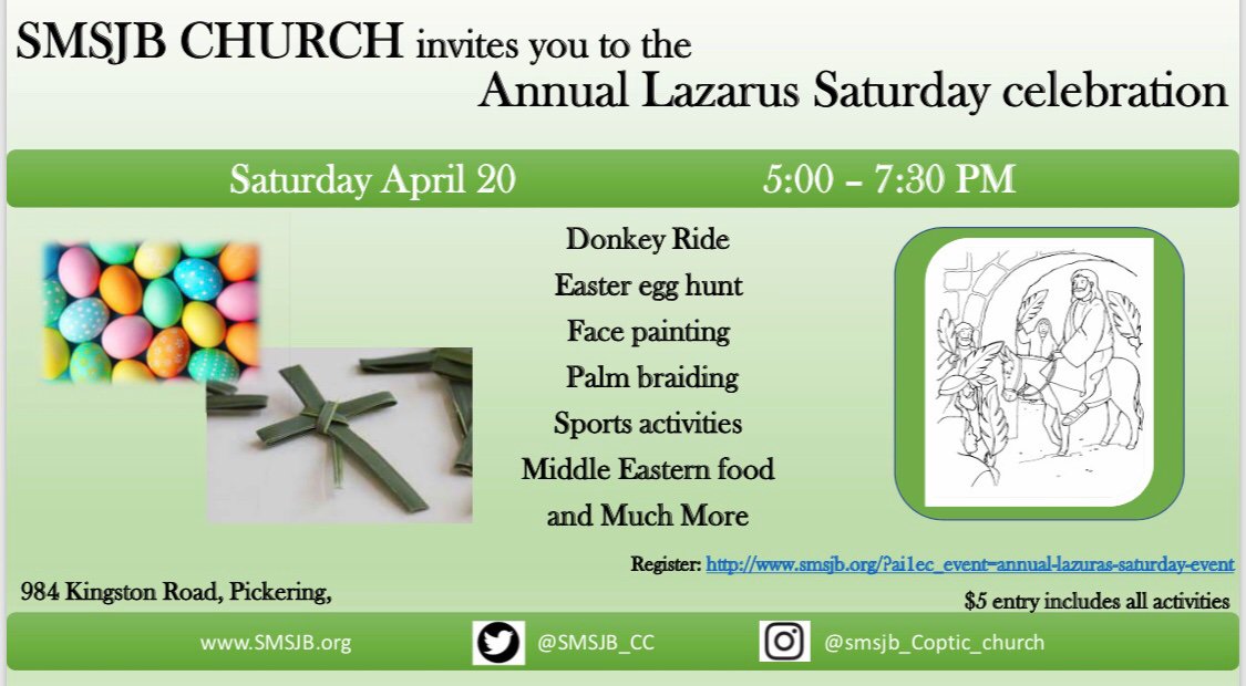 SMSJB_CC's tweet photo. Come to the @SMSJB_CC Annual Lazarus Saturday Celebration. An event full of activities for kids: Donkey rides, egg hunt, games &amp; more. April 20 at 5:00 pm @CityofPickering tickets $5.00 at the door. https://t.co/CbJogGeODx