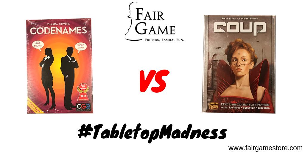 FairGameStore's tweet image. Now it is time to see which game has what it takes to win in our "Party Games" category for a chance to enter the #TabletopMadness challenge Final Four. Codenames vs. Coup