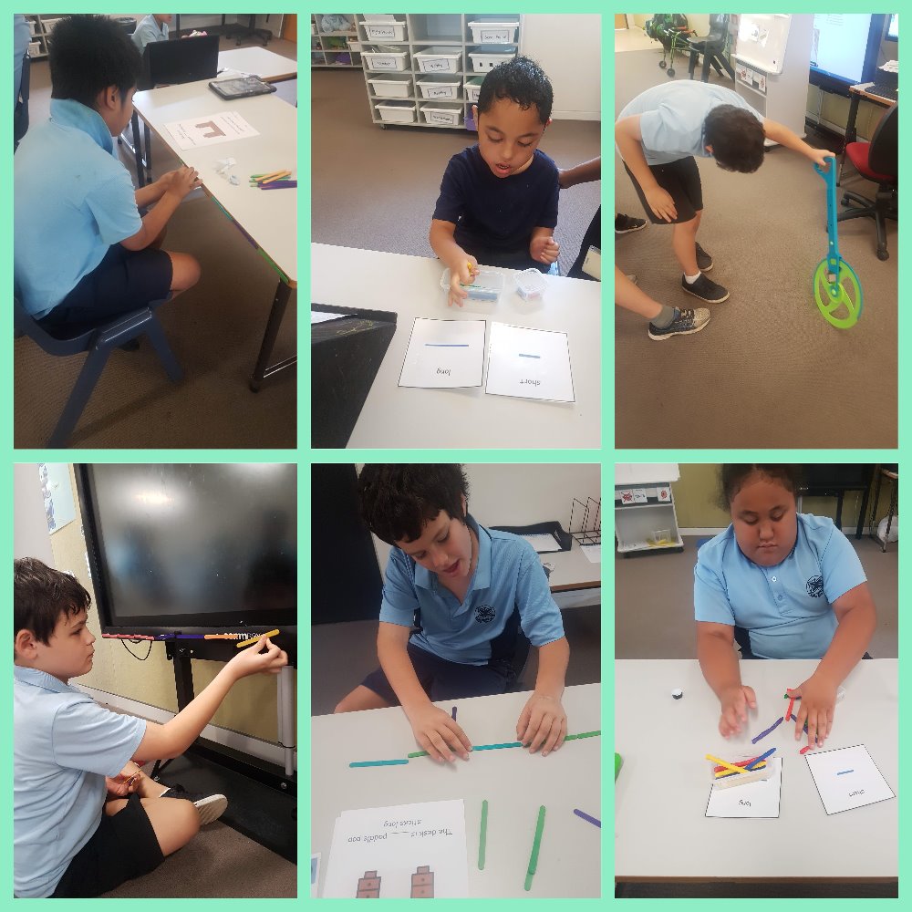 Gulamany class participating in a variety of activities based on length; using paddle pop sticks as a tool to measure informal units, sorting items into long and short and measuring distance using a trundle wheel