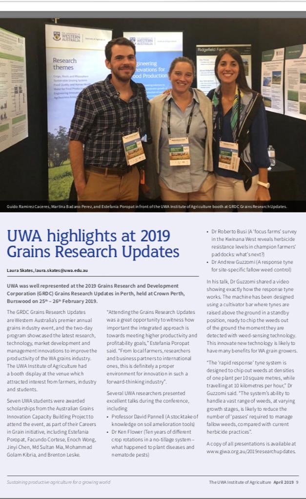 GuidoMRamirez's tweet photo. An honor to be pictured with @EMPoropat @MartinaBadano at the @GRDCWest updates in Perth for the latest edition of @IOA_UWA newsletter! Their research on biotechnological approaches for water repellency amelioration and rapid tests for herbicide resistance detection is exciting! https://t.co/BojLNAz0HB