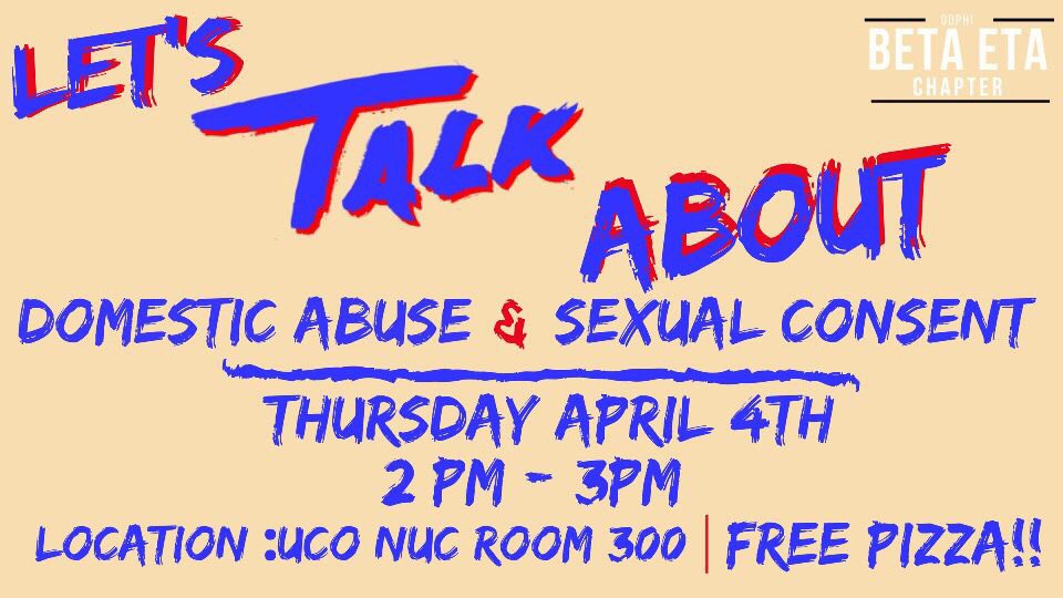 This Thursday April 4th we will be having a workshop on Domestic Abuse &amp; Sexual Consent with guest speaker Rachele Eskridge,  Director of Prevention Education at the YWCA of Oklahoma City.
Feel free to join us! We will be having free PIZZA 🍕 for all attending!