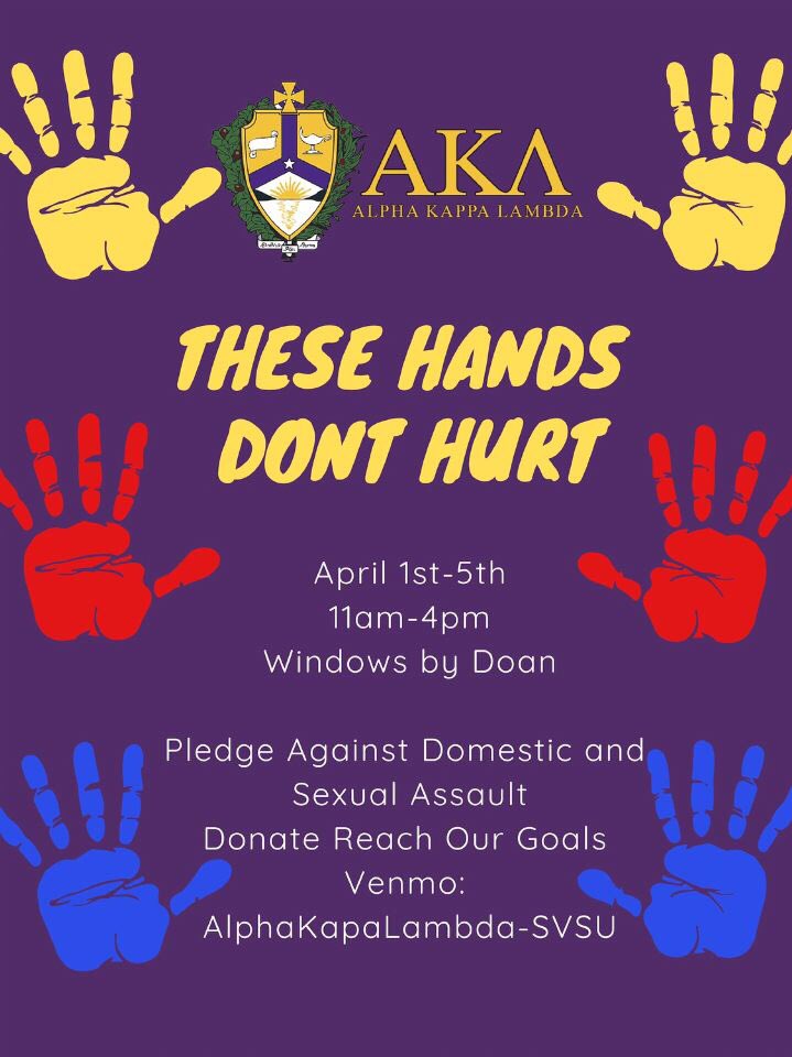 svsu_AKL's tweet photo. Be sure to join Alpha Kappa Lambda throughout this week For These Hands Don’t Hurt and make a pledge to help end Domestic Abuse And Sexual Assault! https://t.co/baB5OOjmHL