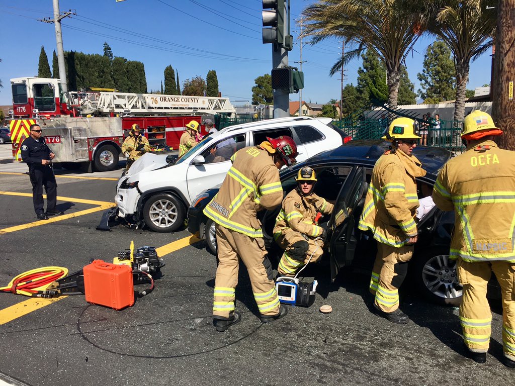 B9, T76, and E28 extricated and treated two trauma patients from an accident today in the City of Santa Ana at MacArthur and Flower.  SCE was contacted for damage to a power pole. Thankfully two children who were properly secured in one of the vehicles were uninjured.