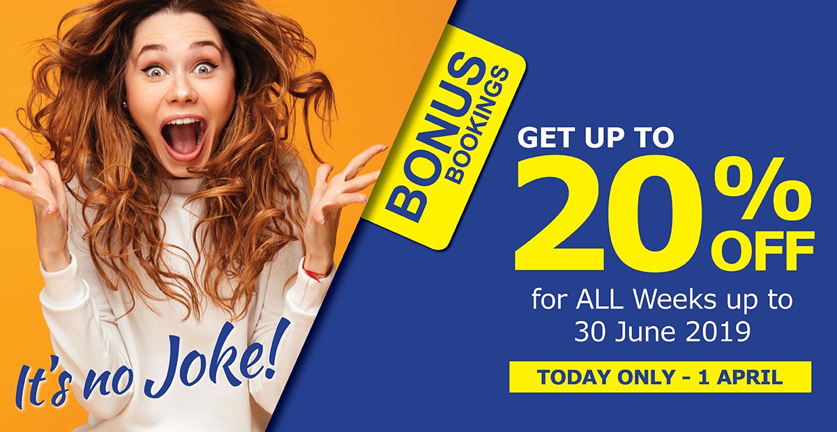IT’S NO JOKE!!

Book TODAY to stay anytime before 30 June 2019 and get up to 20% off your booking (includes Peak Weeks). 

You’ll be laughing all the way to an amazing destination for less!

Call 031 717 7591 or book online - bit.ly/2FKhvka