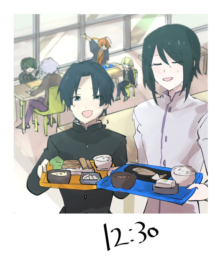 zeroino0's tweet photo. いつもどこで食事をするか迷うのですが、今日のお昼は折角なので学園の食堂でいただきました。一緒に並んだ解析くんと、御船くんのメニューを撮影。焼き魚定食と、春巻き定食だそうです。
私は卵焼き定食にしました。 https://t.co/yHoVqAe4TC