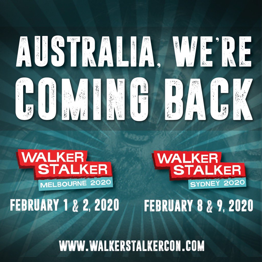 WalkrStalkrCon's tweet image. AUSTRALIA! It's official! We're coming to Melbourne February 1 &amp;amp; 2, 2020 and Sydney Feb 8 &amp;amp; 9, 2020! Stay tuned for more info on ticketing and our first guest announcements, and sign up for the mailing list at walkerstalkercon.com/aus