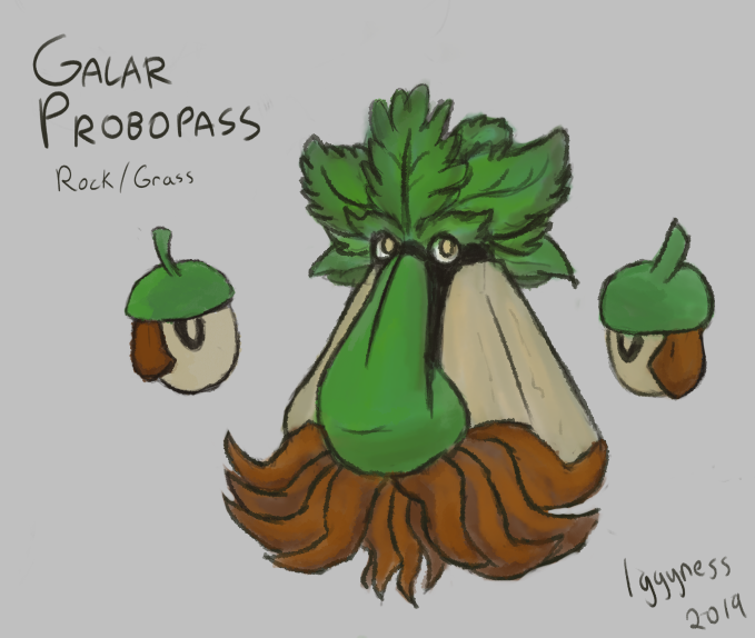 Iggyness's tweet photo. Galar Probopass for @PokeMigawari 's #GalarFormContest. It's based on "green man" statues and oak trees. Galar Probopass live near old structures overgrown with plants. It always faces towards the north when it rests, so they are known to be helpful for lost travelers. https://t.co/34aZ35YQdS