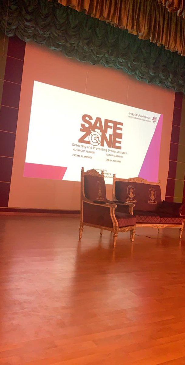 جانب من عرض الورقة العلمية بعنوان SafeZone: for Detecting and Preventing  Drones Misuse في المؤتمر الاول للأمن السيبراني المقام بجامعة حائل، الخاصة بمشروع تخرج الطالبات:
الهنوف الحربي - فاطمة العامودي-رزان البراهيم- سارة الحربي 
بإشراف د.عبدالله المهيدب و  أ.نورة المبيرك