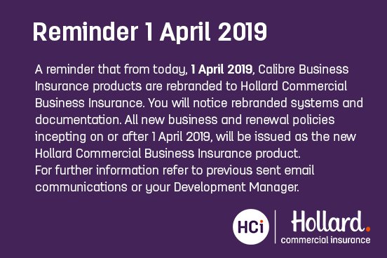 HCi_Insurance's tweet image. A reminder that from today, 1 April 2019, Calibre Business Insurance products are rebranded to Hollard Commercial Business Insurance. You will notice rebranded systems and documentation.  For more information please visit our website hollardcommercial.com.au/say-hi-to-hci/
#smeinsurance