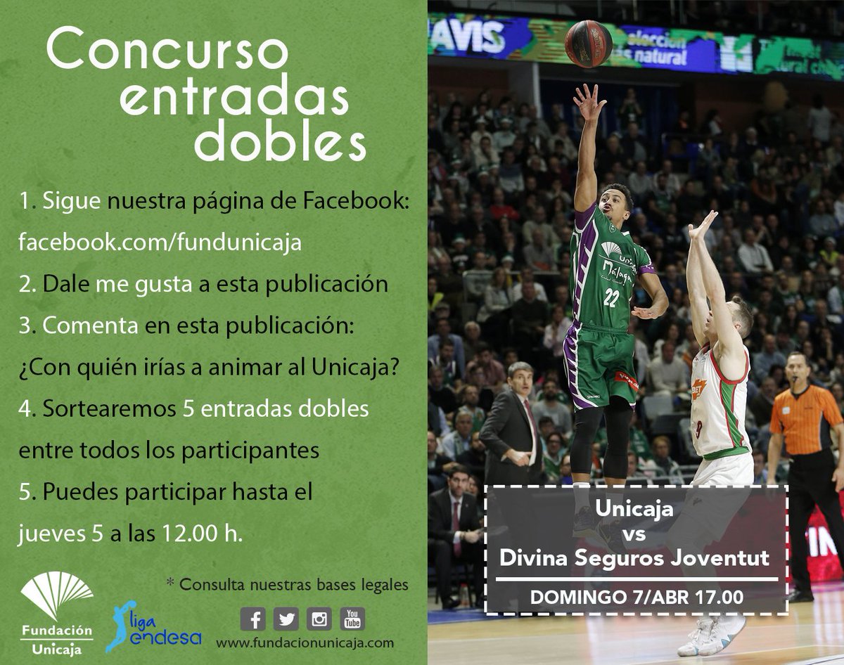 FundUnicaja's tweet photo. ¡Abrimos #concurso! Ponemos en juego cinco entradas dobles para el partido del @unicajaCB vs Divina Seguros Joventut que se jugará el domingo 7 de abril. Sólo tienes que comentar, retuitear y seguir nuestro perfil de @FundUnicaja. Participa hasta el jueves a las 12.00 https://t.co/oieYFEyotM