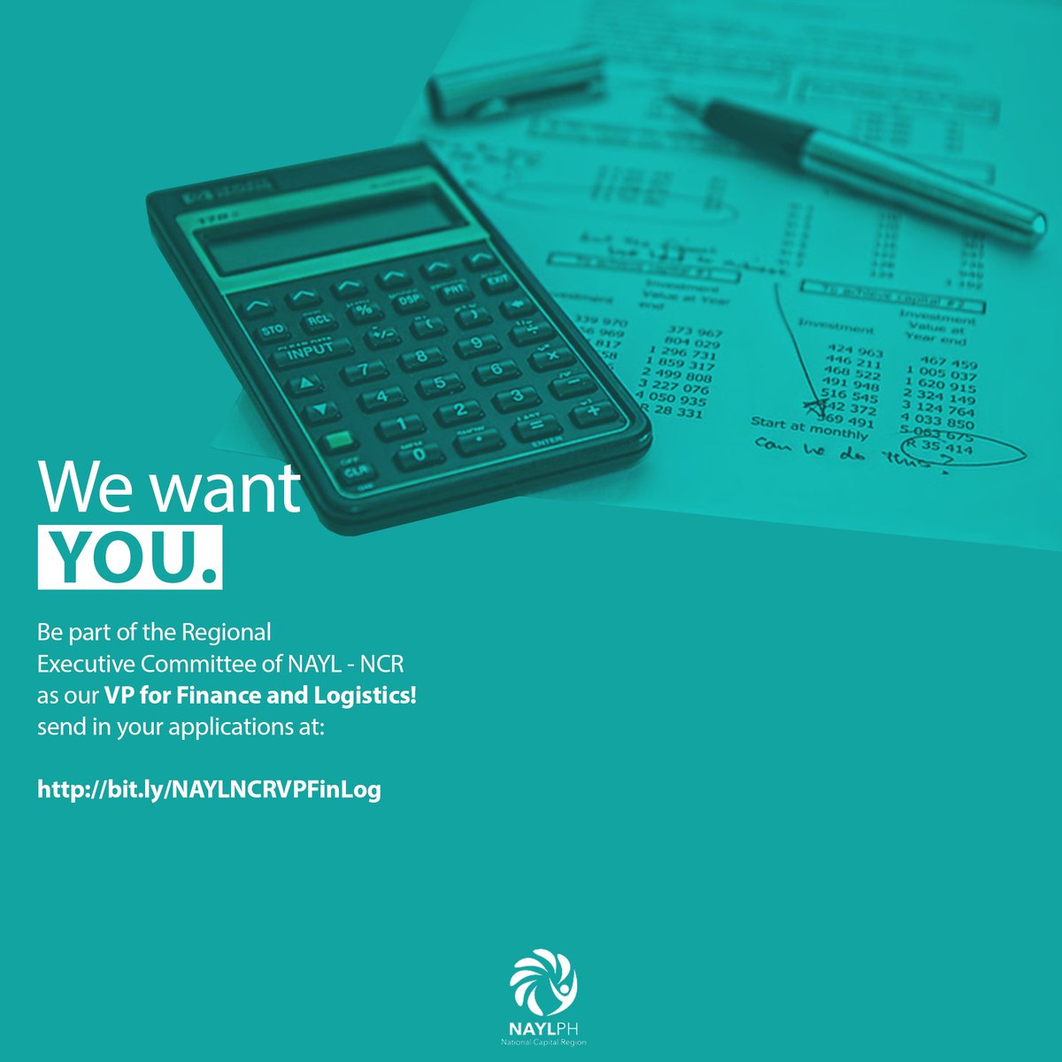 NAYLNCR's tweet photo. We want YOU! 

We, the NAYL NCR is looking for members who can serve as the VP for Finance and Logistics of the Alliance. If you have what it takes fill out the application form (https://t.co/DDPfMywRZX)

We are looking forward to work with you!

#LeadersEmpoweringLeaders https://t.co/bSyqI90jgZ