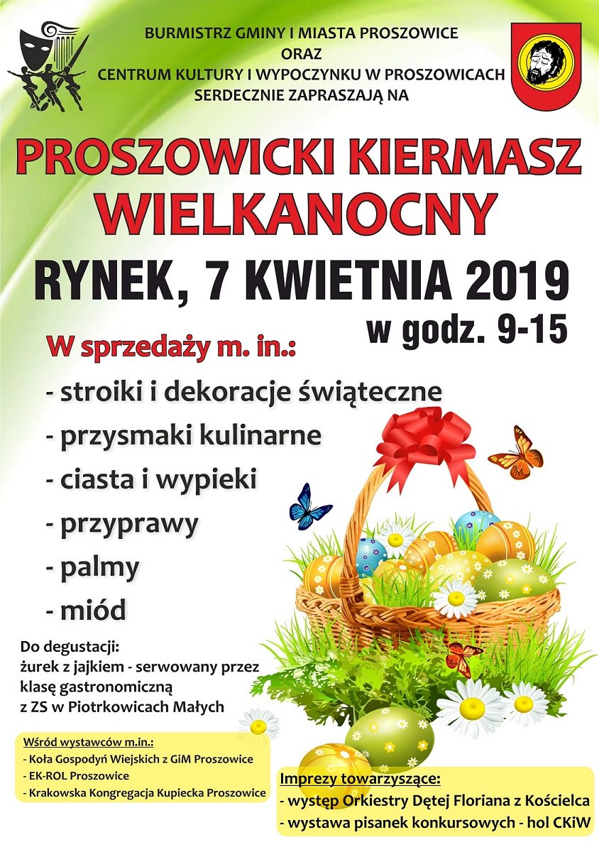 ProszowiceGiM's tweet photo. Burmistrz @GrzegorzCichy zaprasza na Proszowicki Kiermasz Wielkanocny już w najbliższą niedzielę w godz. 9:00-15:00
#rynek #Proszowice #Kiermasz #Wielkanoc2019 #CKiW #KGW @gie_rol https://t.co/yOYqZ3lB90