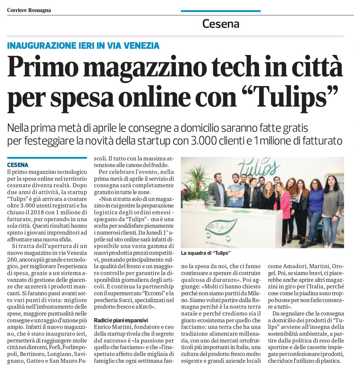 cesenalab's tweet photo. 📰L'articolo di Corriere Romagna in merito all'inaugurazione del Dark Store di Tulips, un nuovo magazzino in via Venezia 260, per migliorare l’esperienza di spesa, grazie a un sistema avanzato di gestione delle giacenze che azzererà i prodotti mancanti.

#tulips #cesenalab https://t.co/mwLIaDce3k