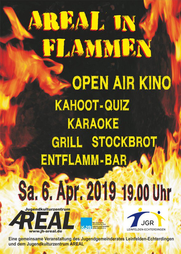 🔥Areal in Flammen🔥
Open Air Kino 🎥 Karaoke 🎤Grill 🍗🧀 und coole Bar.
Also kommt vorbei am Samstag um 19 Uhr beim Jugendhaus Areal in Leinfelden #arealinflammen2019