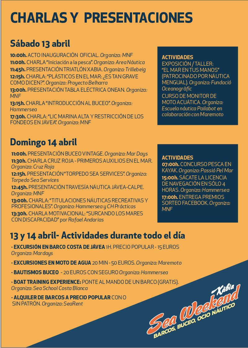sea_weekend's tweet photo. ⚓️ Mas de 20 actividades, charlas, presentaciones y concursos nos esperan en la II Edición de Sea Weekend-Xàbia. 

👏Charlas sobre iniciación a la pesca, introducción al buceo deportivo, presentación del Triatlon de Xàbia, primeros auxilios en el mar, curso de monitor de moto... https://t.co/31VE4YbKyj