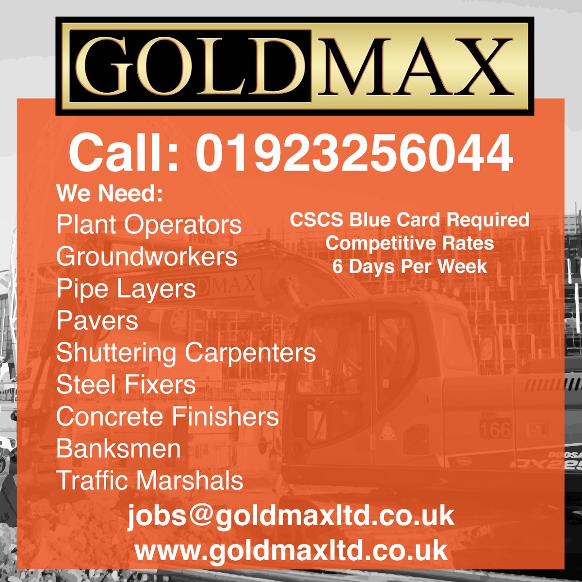GoldmaxUK's tweet photo. We’re Currently Hiring!  
Plant Operators 
Groundworkers 
Pipe Layers 
Pavers 
Shuttering Carpenters 
Steel Fixers 
Concrete Finishers 
Banksmen 
Traffic Marshals  

Call: 01923256044
#jobs #constructionjobs #groundworkers #pipelayers #plantoperators #construction https://t.co/4YmfgAVtnd