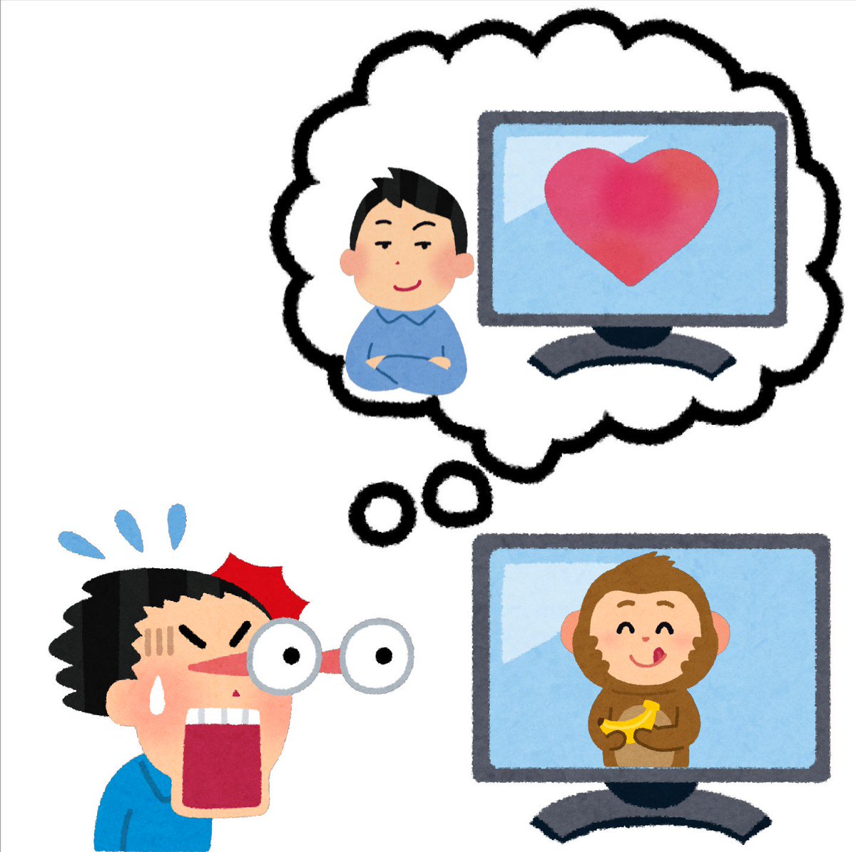 まいチクをいらすとやで再現 再現難易度 使ったイラスト 6枚 ふきだしのイラスト 得意気な顔の男性のイラスト ハートマークの イラスト 液晶テレビ モニタのイラスト 驚いて目が飛び出る人のイラスト 男性 バナナを持った猿のイラスト 申年 干支