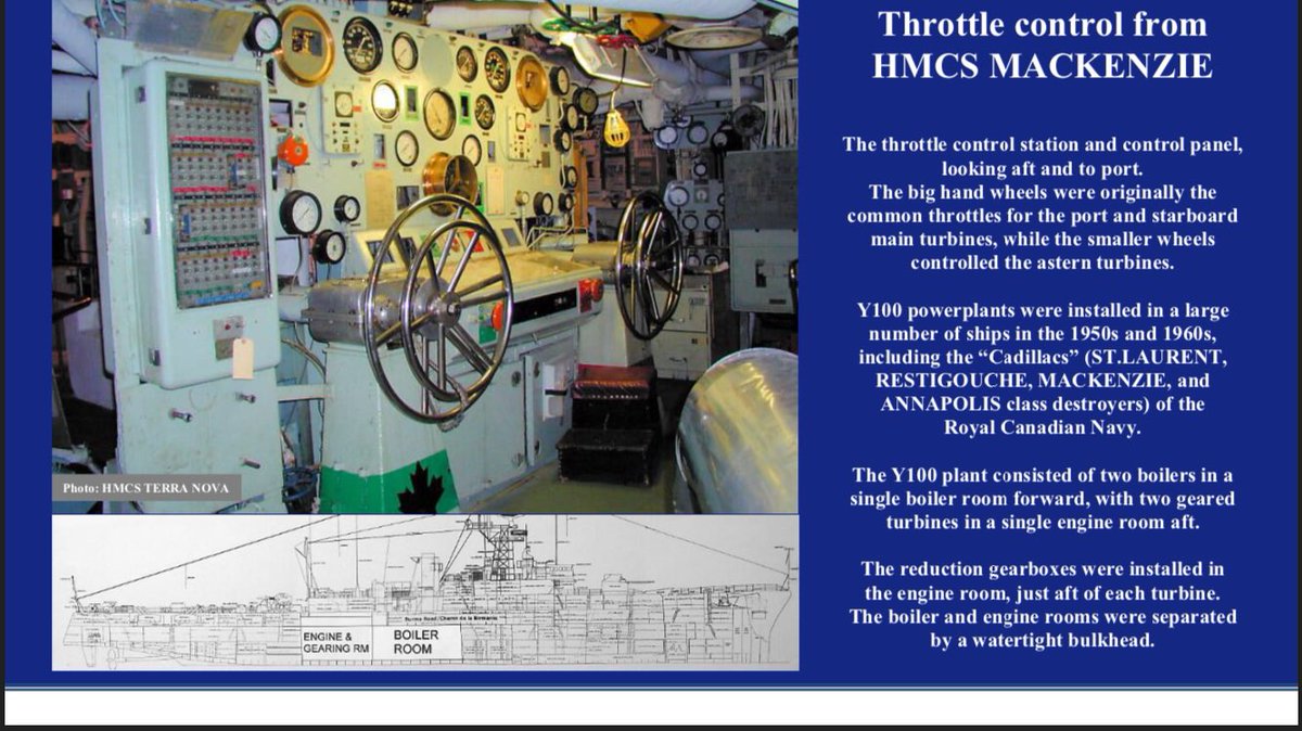 sandymcclearn's tweet photo. Courtesy of Brian Stennes @ Naval Fleet School (Pacific), my photo of #HMCSTerraNova’s engine room throttle control is on the wall as a display backgrounder for #HMCSMackenzie’s throttle control wheels - one part of the Y100 steam power plant. #RCNavy https://t.co/MQBOd7qcSC https://t.co/PmtaZ4Lkor