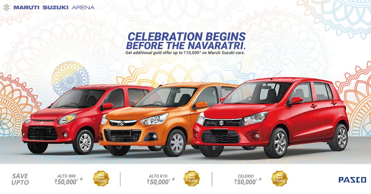 pascoauto's tweet photo. Celebration Begins Before the Navaratri. Get additional Gold Offer on Maruti Suzuki Cars. Book Now Alto 800, Alto K10 and Celerio and save up to ₹50,000 with Gold offer. Offers Valid till stock. For more info visit - https://t.co/77z7Hpmvql
#NavaratriOffers #MarutiSuzukiCars https://t.co/TL56w4jjEp