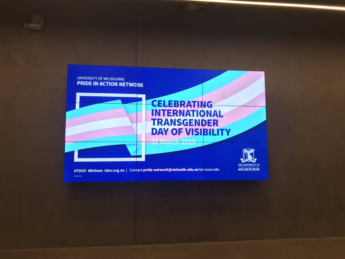 meganbrains's tweet photo. Did you see the digital signage around #unimelb campuses for #TDoV19? The biggest one I could find was in the design building! #PrideInAction #TransgenderDayofVisibility https://t.co/Sc4IDXFuLD