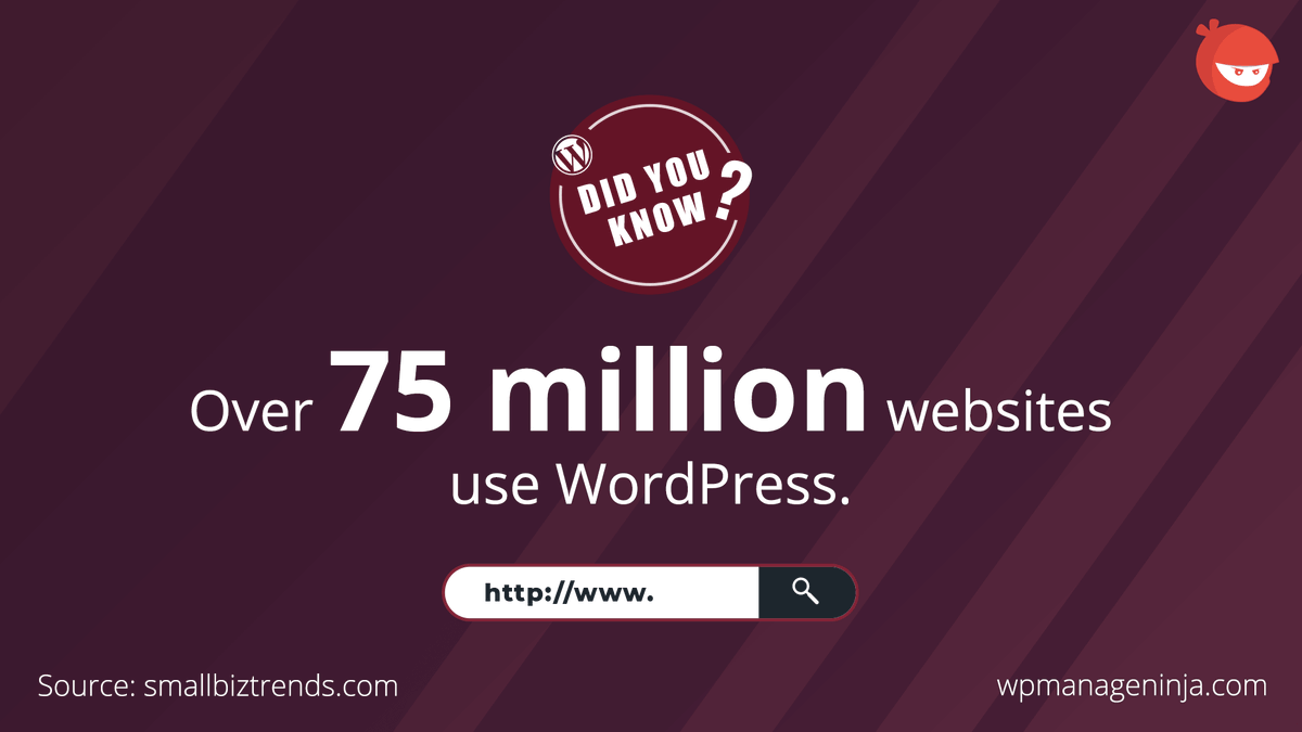 WPManageNinja's tweet photo. The number of websites using WordPress today is huge and it increasing every day. Are you a proud member of this platform, as well?

#WordPress #WordPressFacts #WPBlogs #Blogging #Websites https://t.co/jn4gbL1Px1