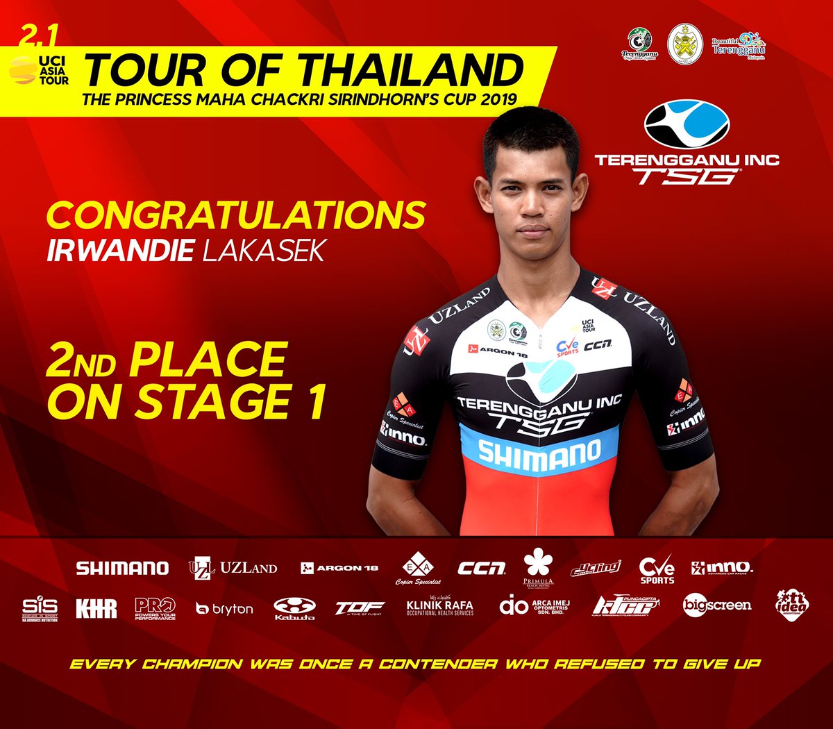 TSG_cyclingteam's tweet photo. Second place for Irwandie!!! Well done team!! Tour of Thailand 2019 #tourofthailand2019
#terengganuinctsgcyclingteam #tsgmalaysia #terengganuinc #terengganuincgroup #terengganustategov #imwithshimano #uzland #argon18malaysia #examarketing #ccn #primulabeachhotel #cve #innorack https://t.co/wE4lnjTpIQ