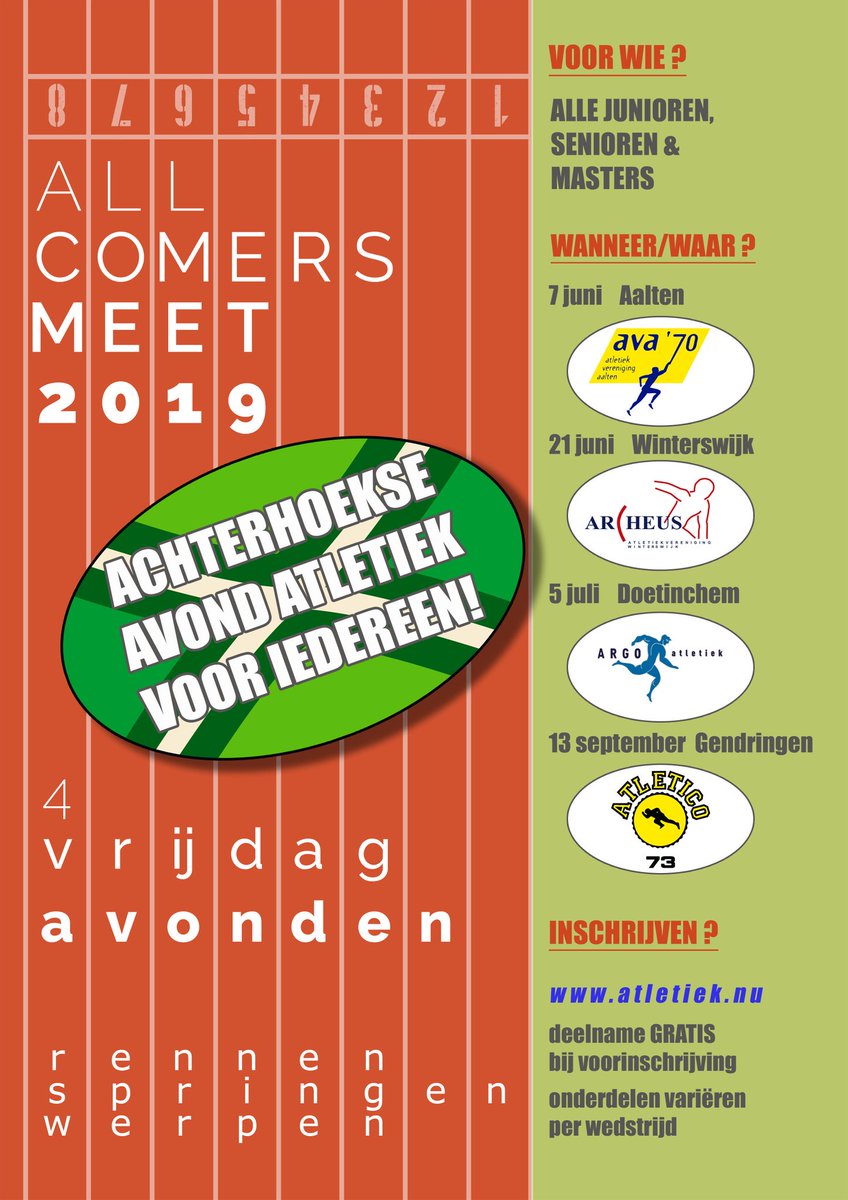 De Achterhoekse vrijdagavond-wedstrijden staan weer gepland; zet ze al vast in je agenda! 
#Allcomersmeet #atletiek <a href="/Ava70_Aalten/">Ava70</a> <a href="/Atletico73/">Atletico'73</a> <a href="/ARGOatletiek/">ARGO Atletiek</a>