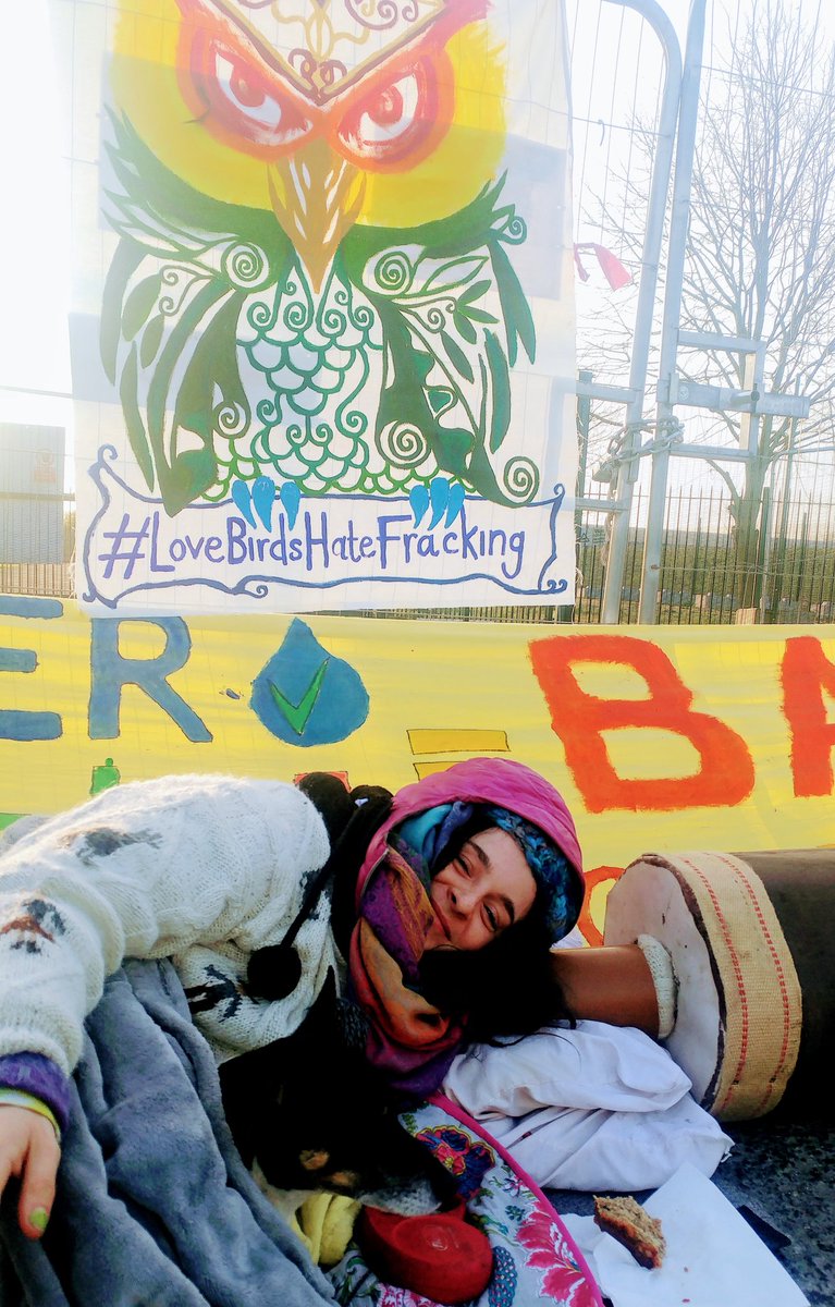 BREAKING: a new member joins the lock-on at #Misson #fracking site. Just going by the name of Cooper, he's been patrolling the sites and sniffing the dirt on the filthy fracking industry for years. #LoveBirdsHateFracking