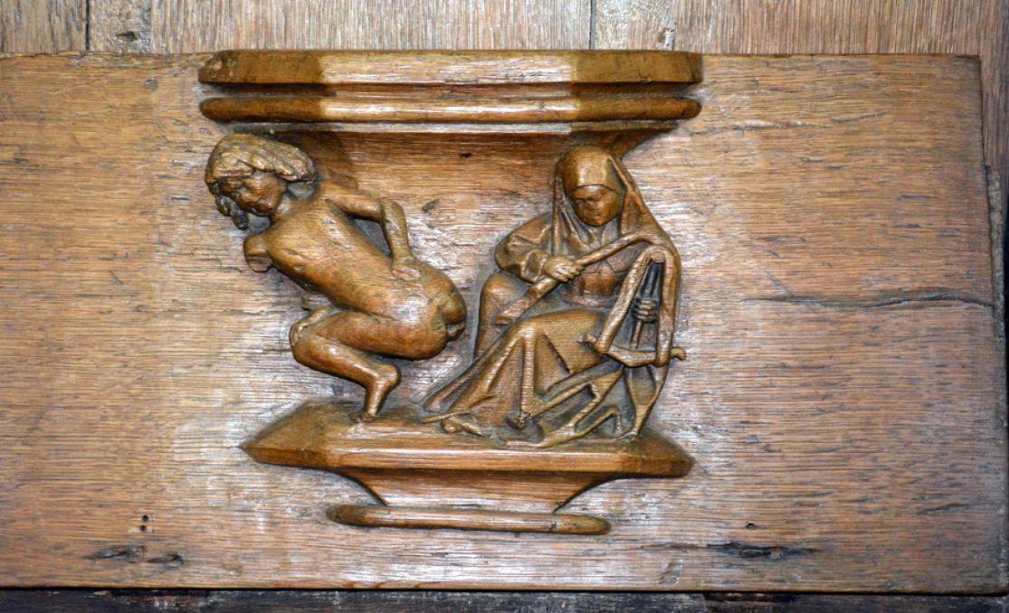 RembrandtsRoom's tweet image. Rembrandt was a frequent visitor to the Old Church. It is where he signed signed his nuptial contract, where his wife is buried. He must have known the medieval misericords. Did he use this one in his satire on art criticsm?