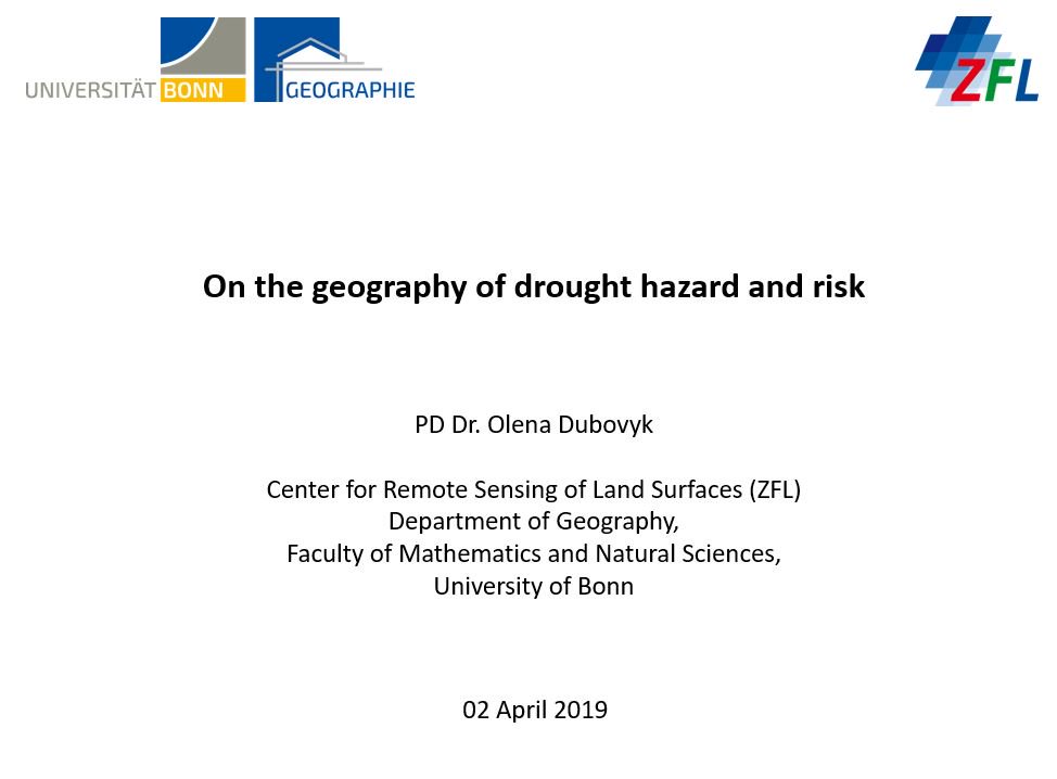 Dr. Dubovyk and <a href="/ghazaryangohar/">Gohar Ghazaryan</a> will contribute to #WATERS2019 workshop on knowledge exchange of Socio-hydrological vulnerability and patterns of public risk perception of water security with a talk on geography of drought hazard and risk
Live streaming ➡️bit.ly/2V9G7YO