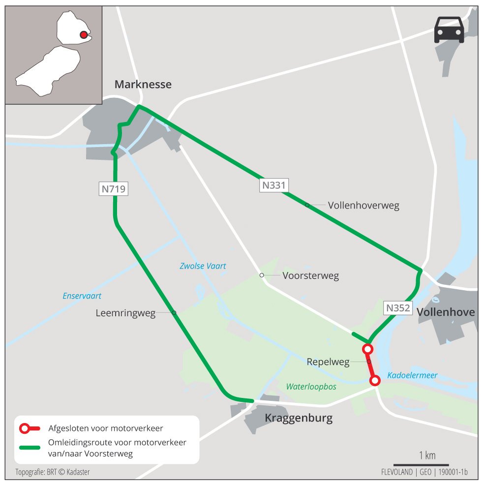 FlevoWegen's tweet photo. Reminder: van maandag 1 april t/m maandag 22 april is de #Repelweg #N352 afgesloten tussen de #Voorstersluis en de #Voorsterweg. Er zijn omleidingsroutes ingesteld voor bestemmingsverkeer en doorgaand verkeer. Meer info op https://t.co/drxPvCaTus https://t.co/mevnTZKIU6