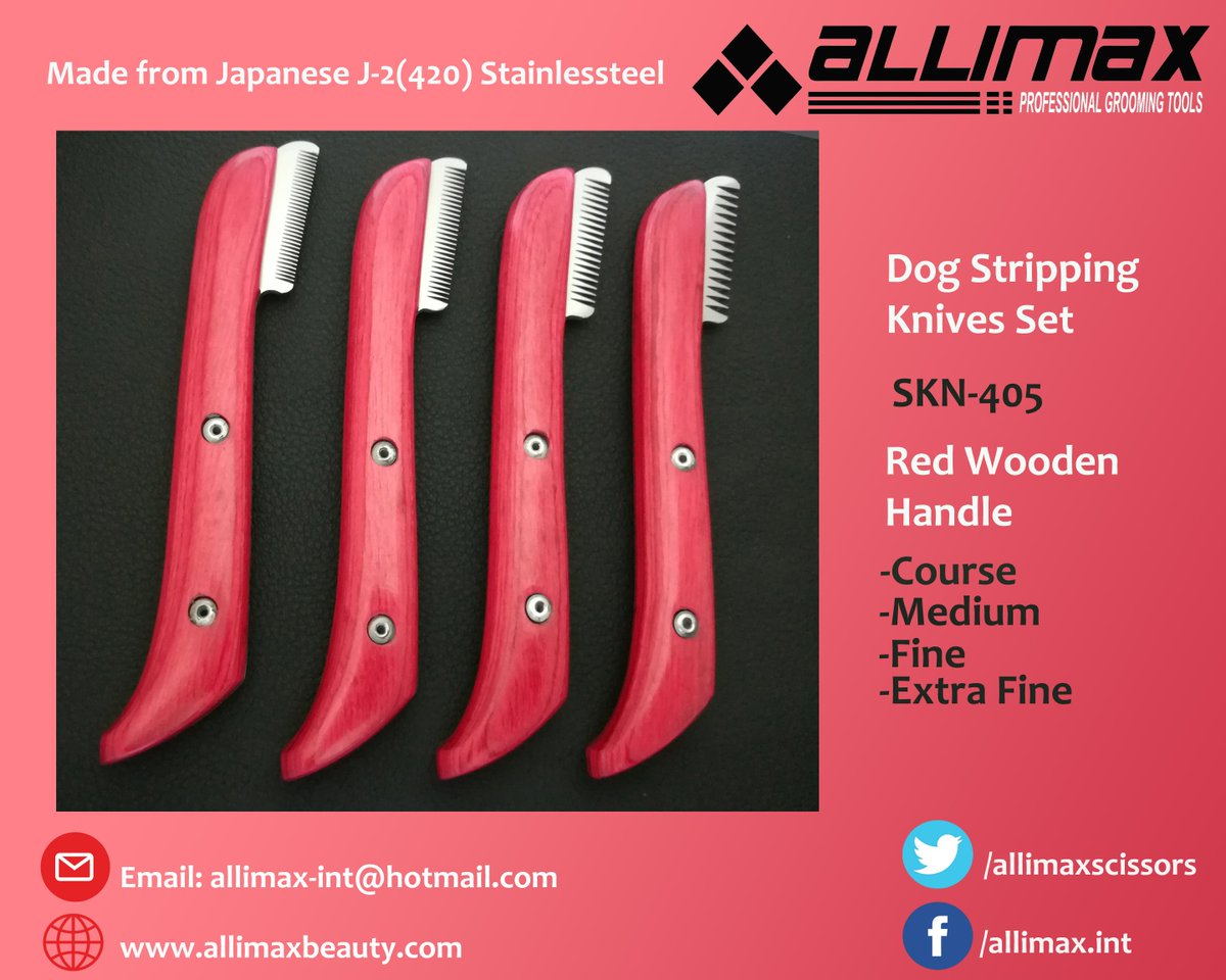 AllimaxScissors's tweet photo. 4 Knives Course-Medium-Fine and Extra Fine Stripping Knives in Red Wooden Handle #StrippingKnives #stripping #knives #allimaxgrooming #allimax https://t.co/PhGZzVzBz9