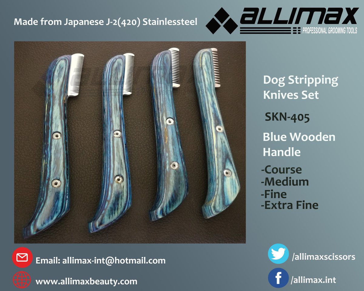 AllimaxScissors's tweet photo. 4 Knives Course-Medium-Fine and Extra Fine Stripping Knives in Blue Wooden Handle #StrippingKnives #stripping #knives #allimaxgrooming #allimax https://t.co/YHhtz9chFD