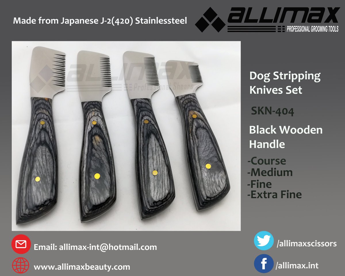 AllimaxScissors's tweet photo. 4 Knives Course-Medium-Fine and Extra Fine Stripping Knives in Black Wooden Handle #StrippingKnives #stripping #knives #allimaxgrooming #allimax https://t.co/Kmqbtit0s4