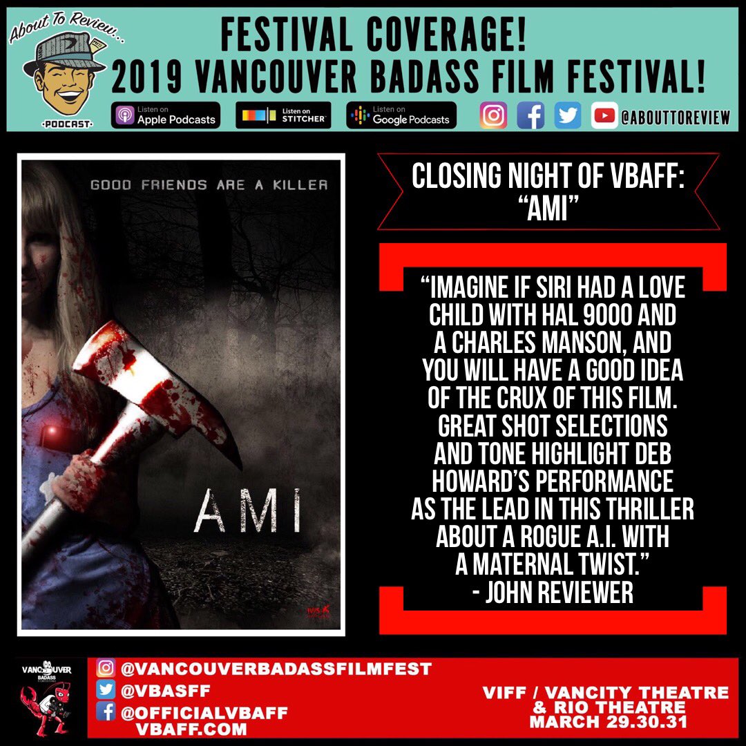 abouttoreview's tweet photo. Closing night of @VBASFF 2019!
#VBAFF #VancouverBadassFilmFestival
Capsule review for: @AMIthemovie/ @debshoward
Full podcast episodes here ->
https://t.co/ynj6VZCj0q…
#ATRPodcast #Vancouver #BC #Canada #indiefilm #filmfestival #film #Vancity #podcast #shortfilm #SFCS https://t.co/toYkQbDQNZ