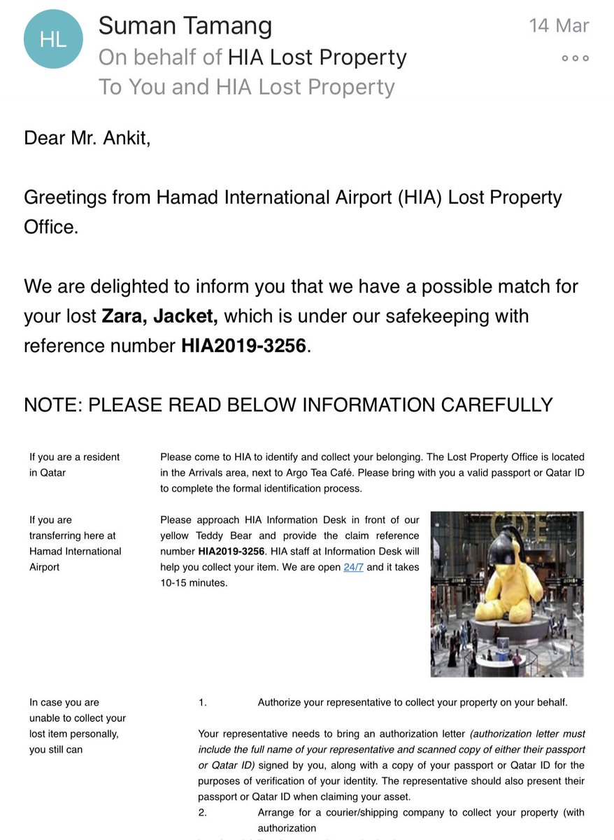 ankitkochar87's tweet photo. @qatarairways @DohaAirport Thank you for finding my jacket (left behind by me at Doha terminal) and shipping it to Mumbai! Really appreciate your efforts! https://t.co/OPDkKz9Ff5