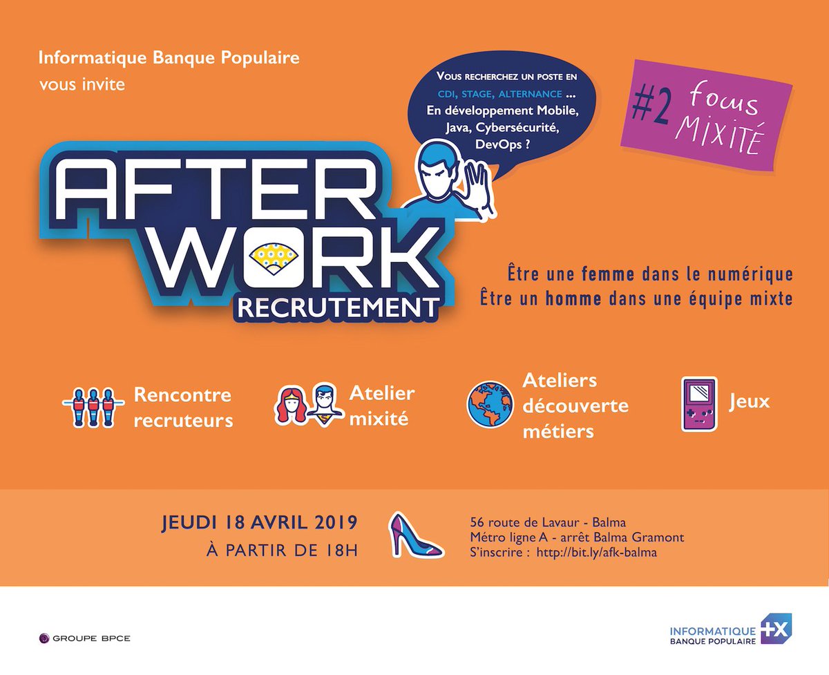 charlotte_ibp's tweet photo. Vous avez entendu parler de notre prochain Afterwork Recrutement @InformatiqueBP à Toulouse ?
La moitié des places est déjà réservée :) 
Nous n'attendons plus que vous, le 18 avril prochain à compter de 18h !
https://t.co/uljGauyY22 https://t.co/WNPA5K7fm1