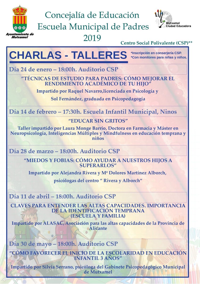 El próximo día 11 de abril ALASAC estará en el Auditorio CSP Mutxamel con la charla “Claves para entender las altas capacidades e importancia de la identificación temprana”. 
¡Os esperamos!