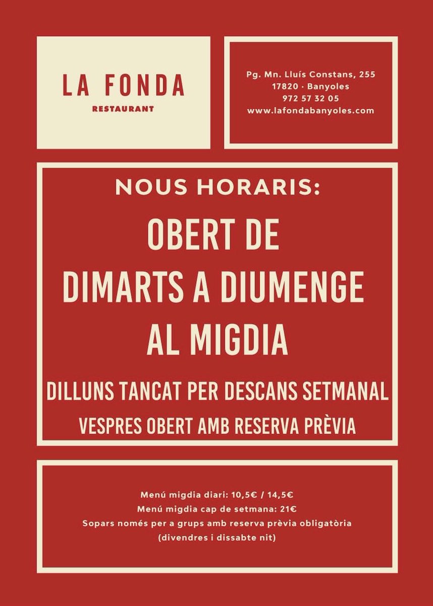 IDILIUM2013's tweet photo. Atenció que a partir d’avui canviem horaris. Els dilluns tenim tancat per descans setmanal 😅. 
Us esperem demà !! 💪🏻

#LaFonda #Banyoles #menjacomDéumana https://t.co/JXR0ZGQIaq