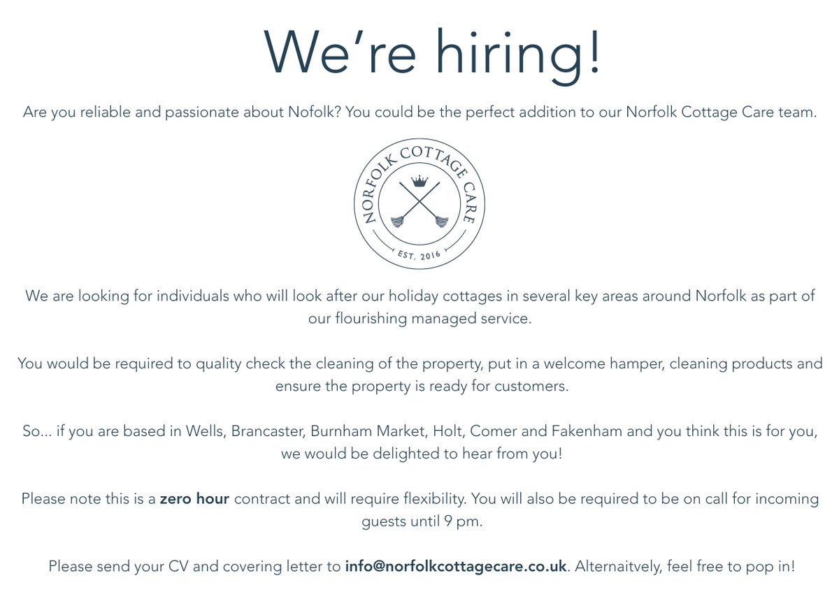 🌼 We're hiring! 🌼 

Are you reliable and passionate about Norfolk? You could be the perfect addition to our Norfolk Cottage Care team!