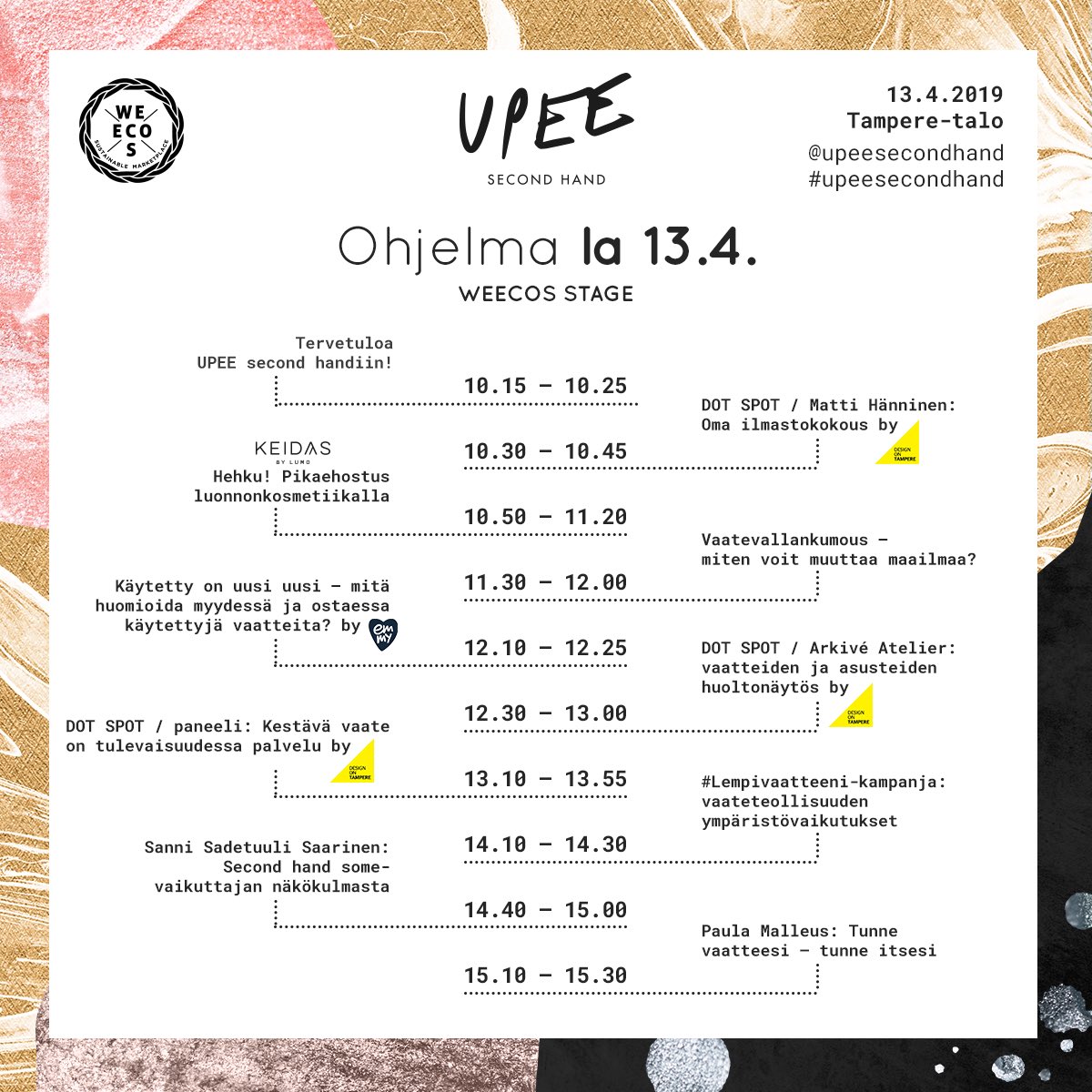 smlinnemaki's tweet photo. Uusi kestävään elämään inspiroiva #upeesecondhand tapahtuma la13.4. Tamperetalolla. Minä mukana peneelissa: ”kestävä vaate on tulevaisuudessa palvelu” yhdessä @ViiviArela sekä #ArkiveAtelier edustajan kanssa. #kestävyys #kiertotalous #vaatelainaamo Paneelin vetää @DesignOnTampere https://t.co/NmjkqDVlCV
