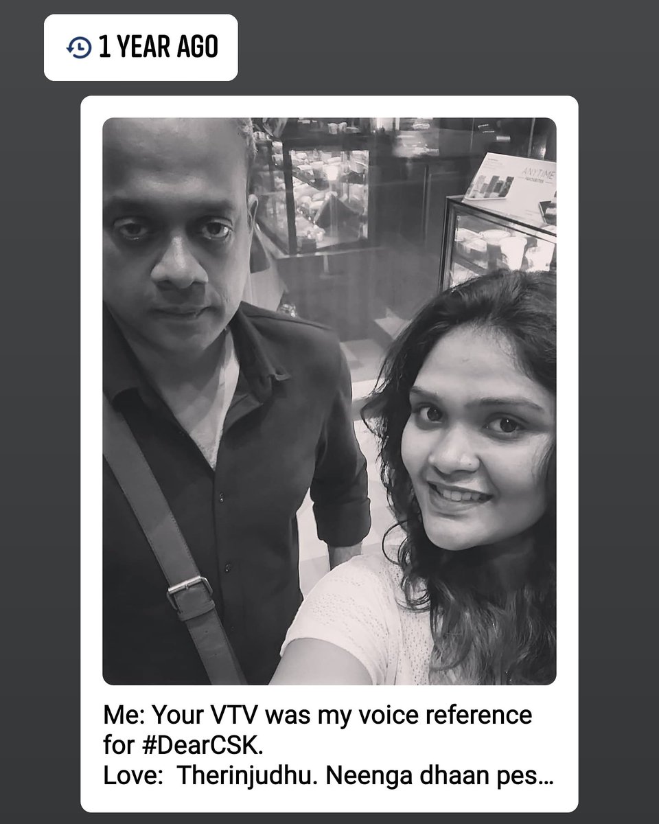 kavyasathya_'s tweet photo. One year ago 💛 on this day
Me: Your VTV was my voice reference for #DearCSK.
@menongautham: Therinjudhu. Neenga dhaan pesneengalaa. Romba nallaarndhuchu. All the best.
#Serendipity https://t.co/wZYaI0YxLx